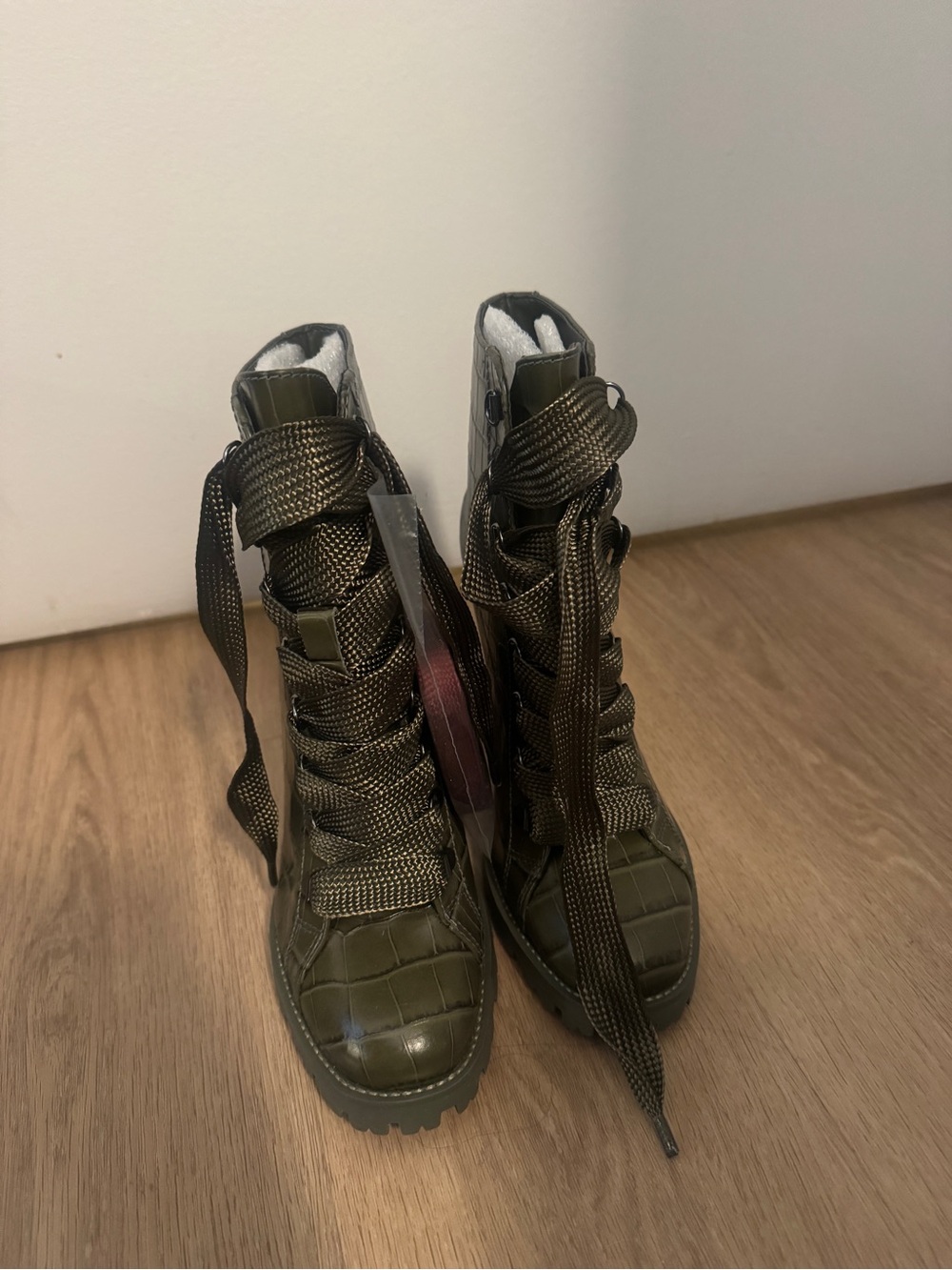 SCHUTZ Olive Croc-Embossed Lace-Up Block Heel Boot - Picture 4 of 4